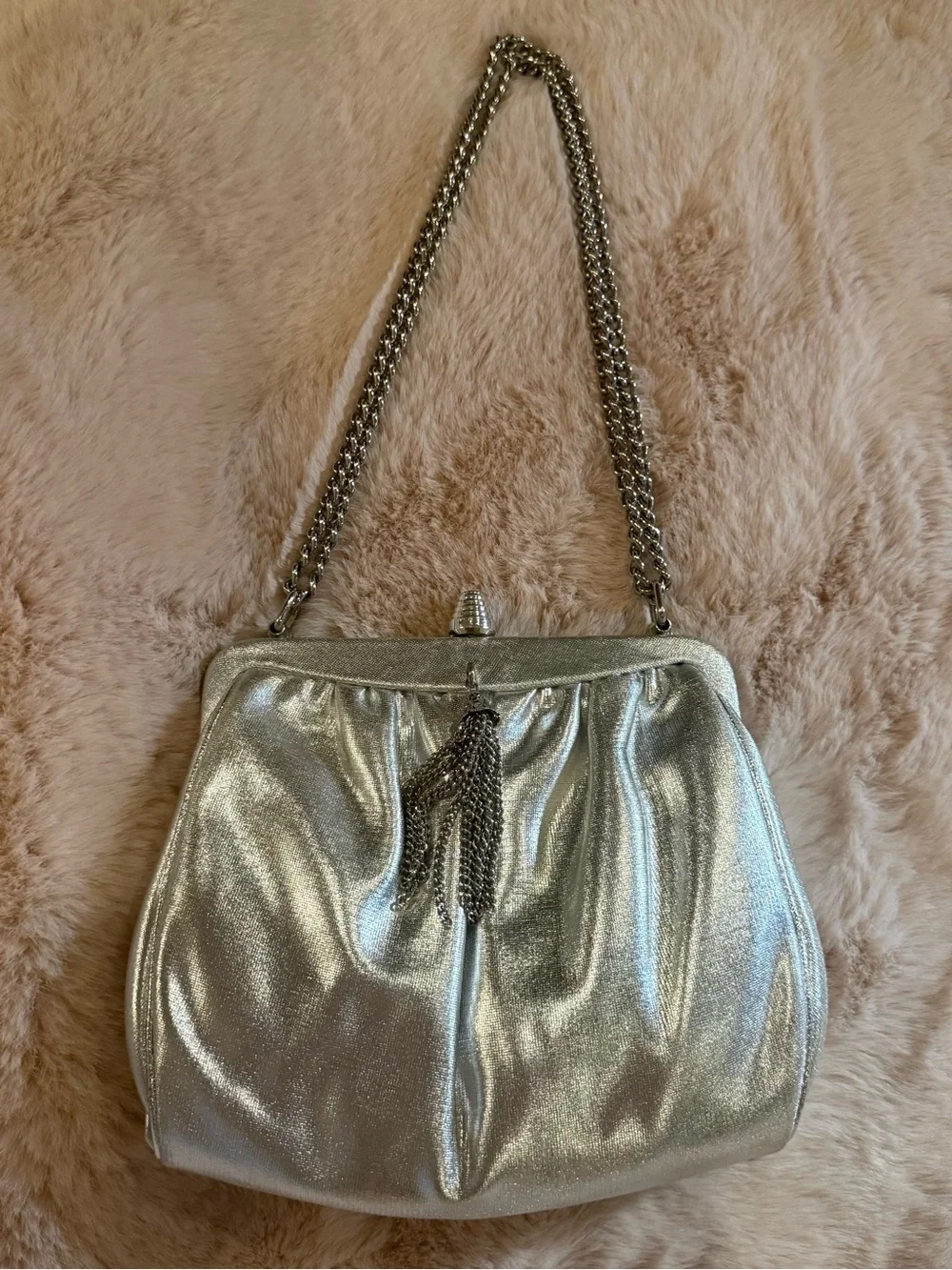 Vintage Silver Metallic Evening Bag Clutch with Chain Strap and Coin Purse RARE